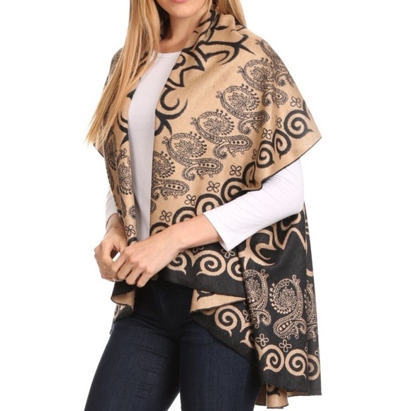 Reversible Mid Weight Camel and Black Poncho Shawl Wrap OSFA - Picture 1 of 10